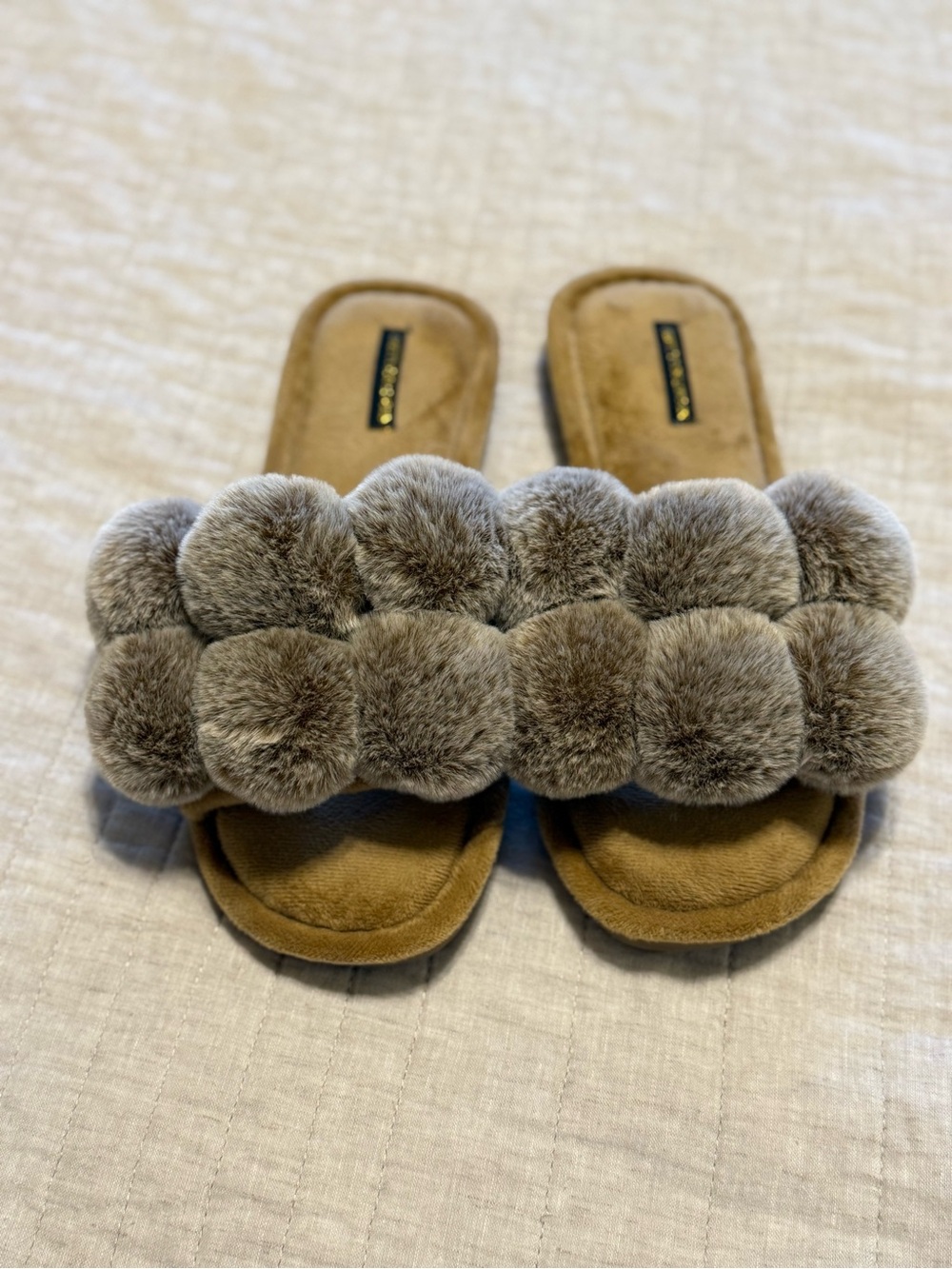 Super Soft Faux Fur Pom Slide Sandals in Taupe - Women